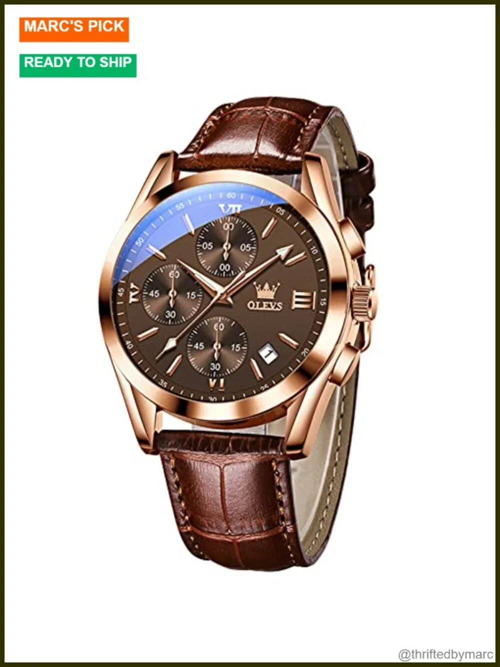 Men's Casual Leather Watch, Big Face Chronograph, Water Resistant Date Analog